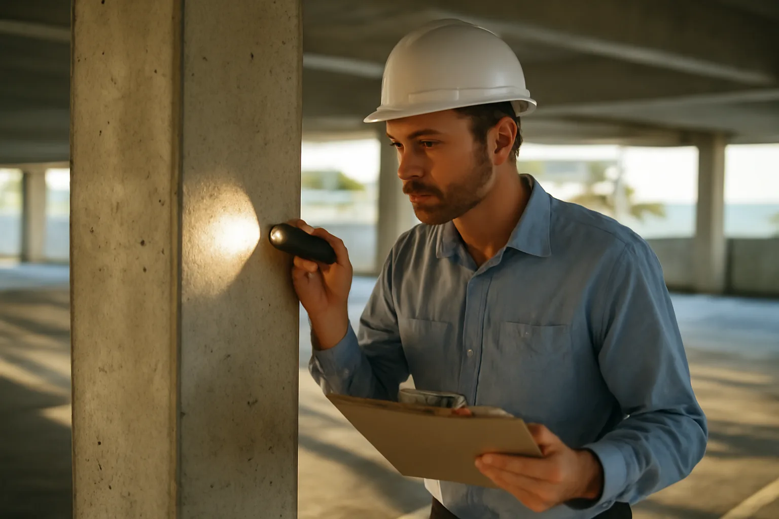 Engineer inspecting concrete column in Florida condo garage for SIRS reserve study