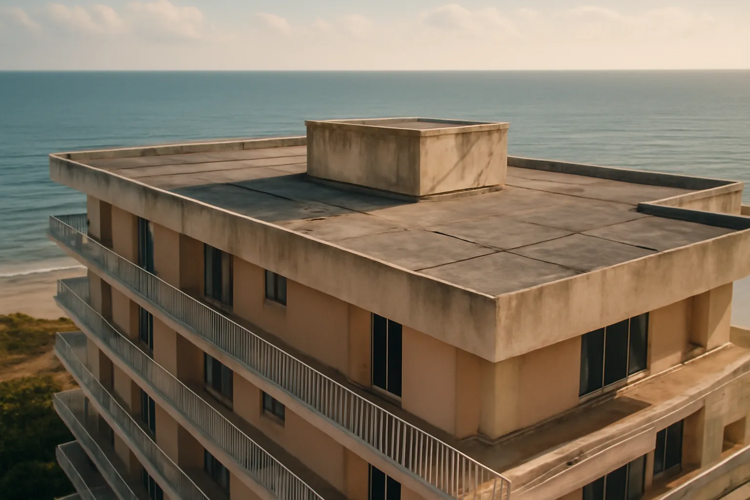 Rooftop and upper floors of a Florida coastal condo building showing structural and waterproofing details
