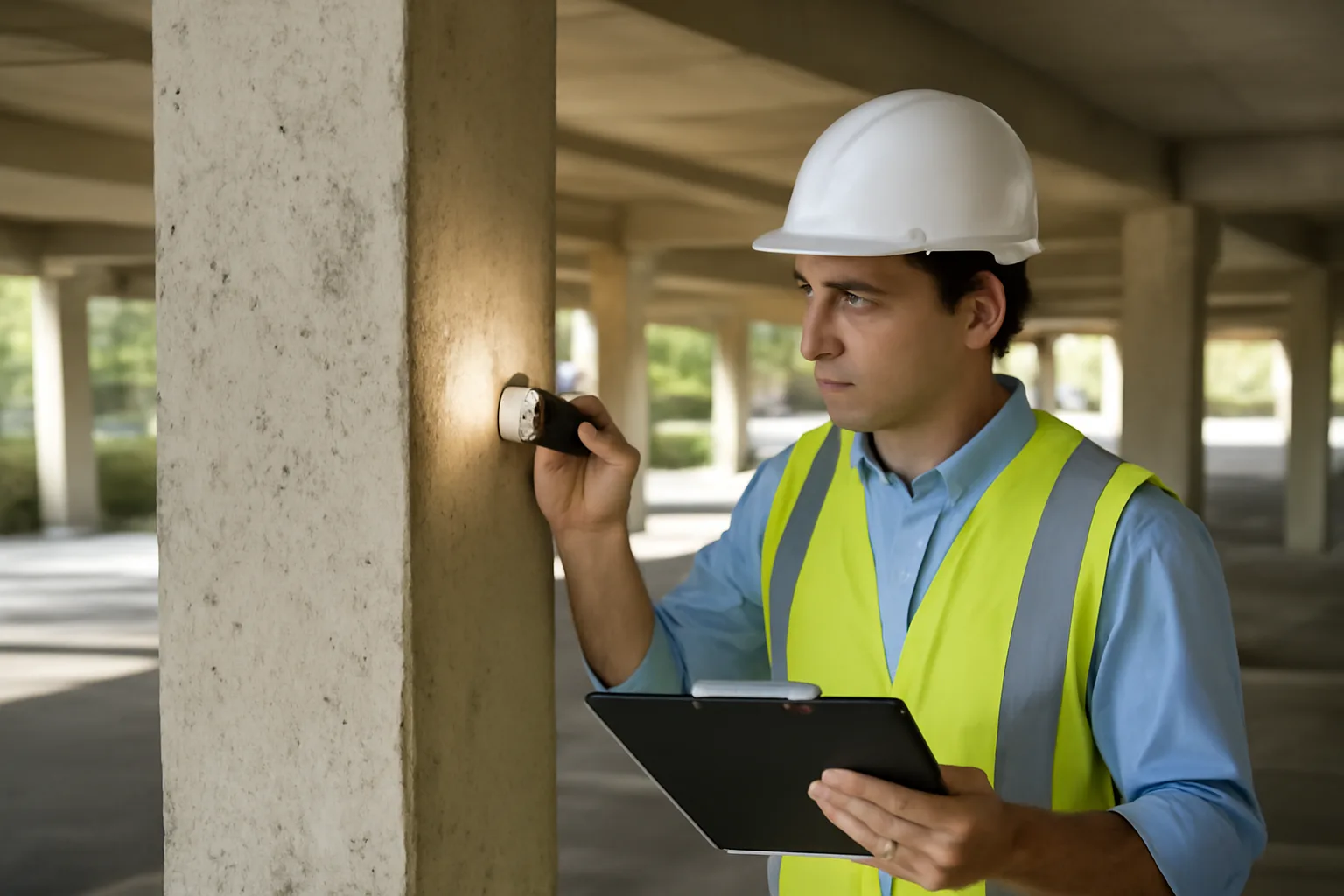 Engineer inspecting concrete structural column during a Florida condo reserve study site visit