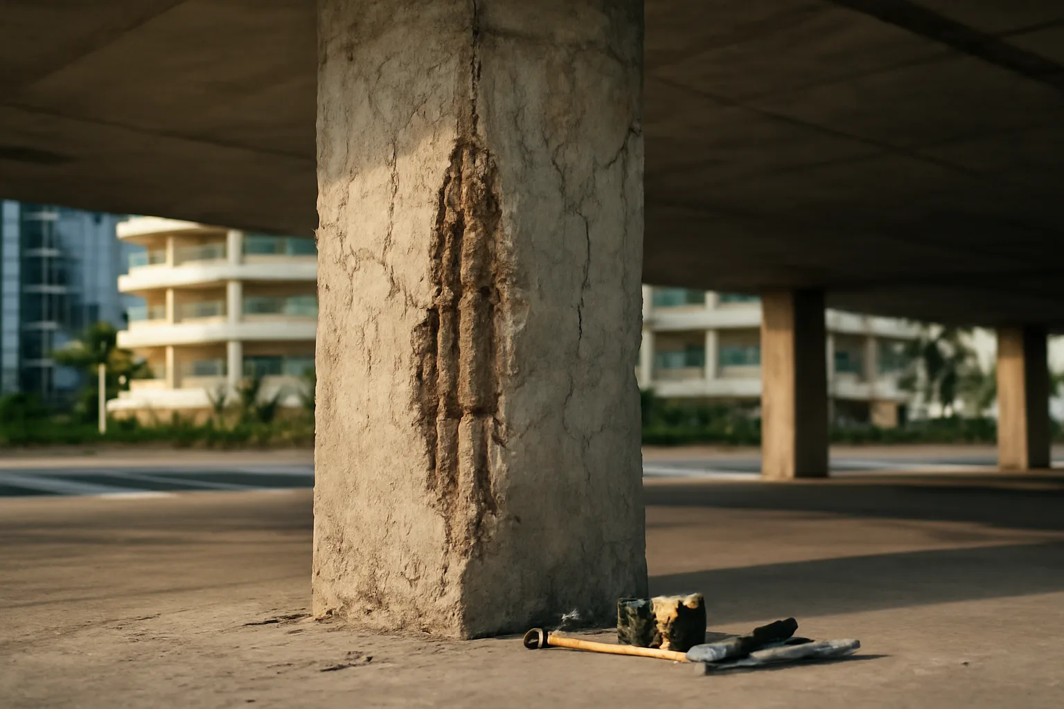 Engineer inspecting a concrete support column beneath a Florida condo building