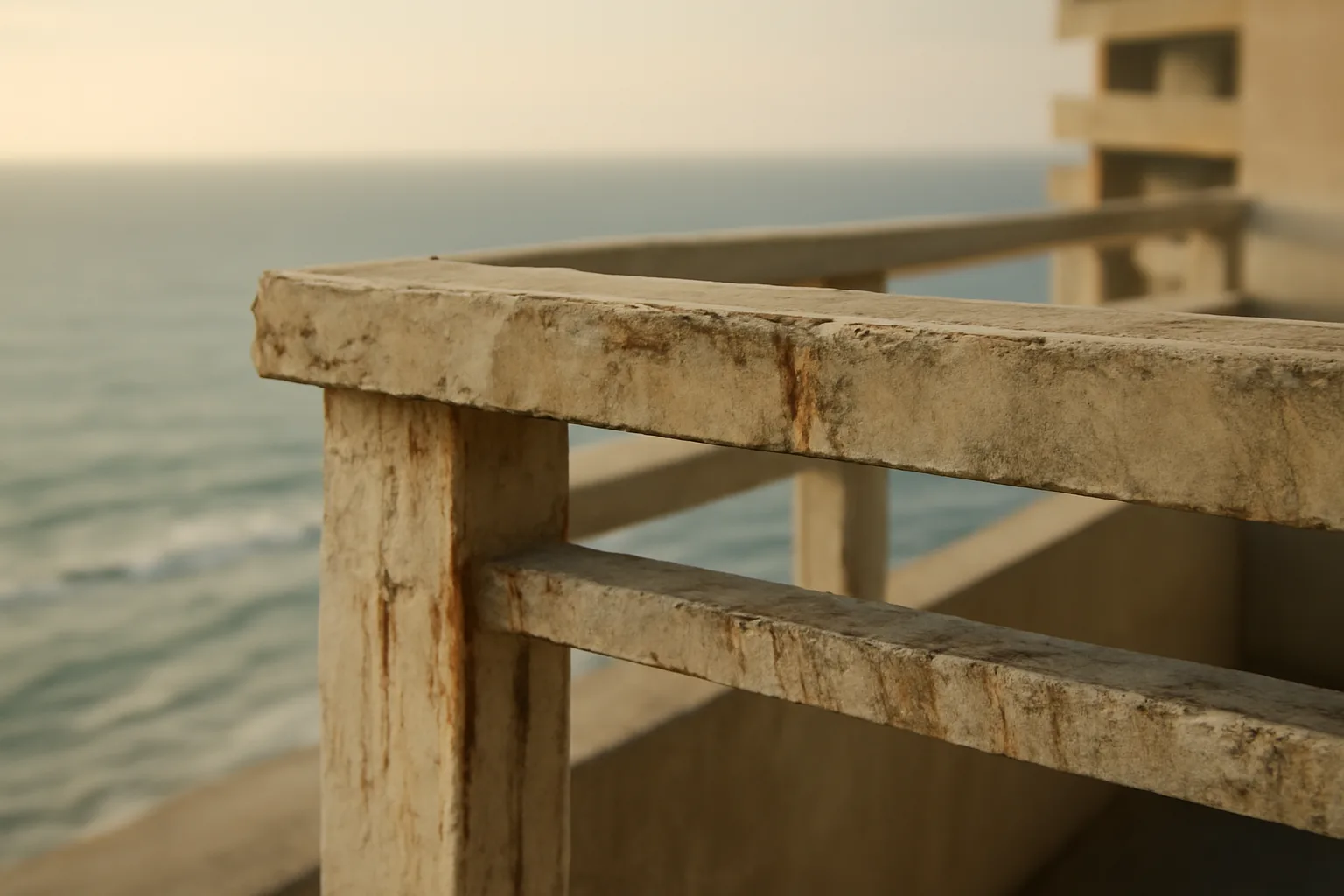 Weathered concrete balcony showing structural wear on a coastal Florida condo building
