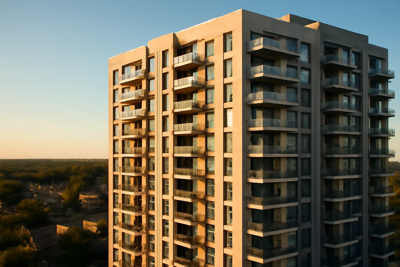 Multi-story condominium building façade with balconies in residential neighborhood