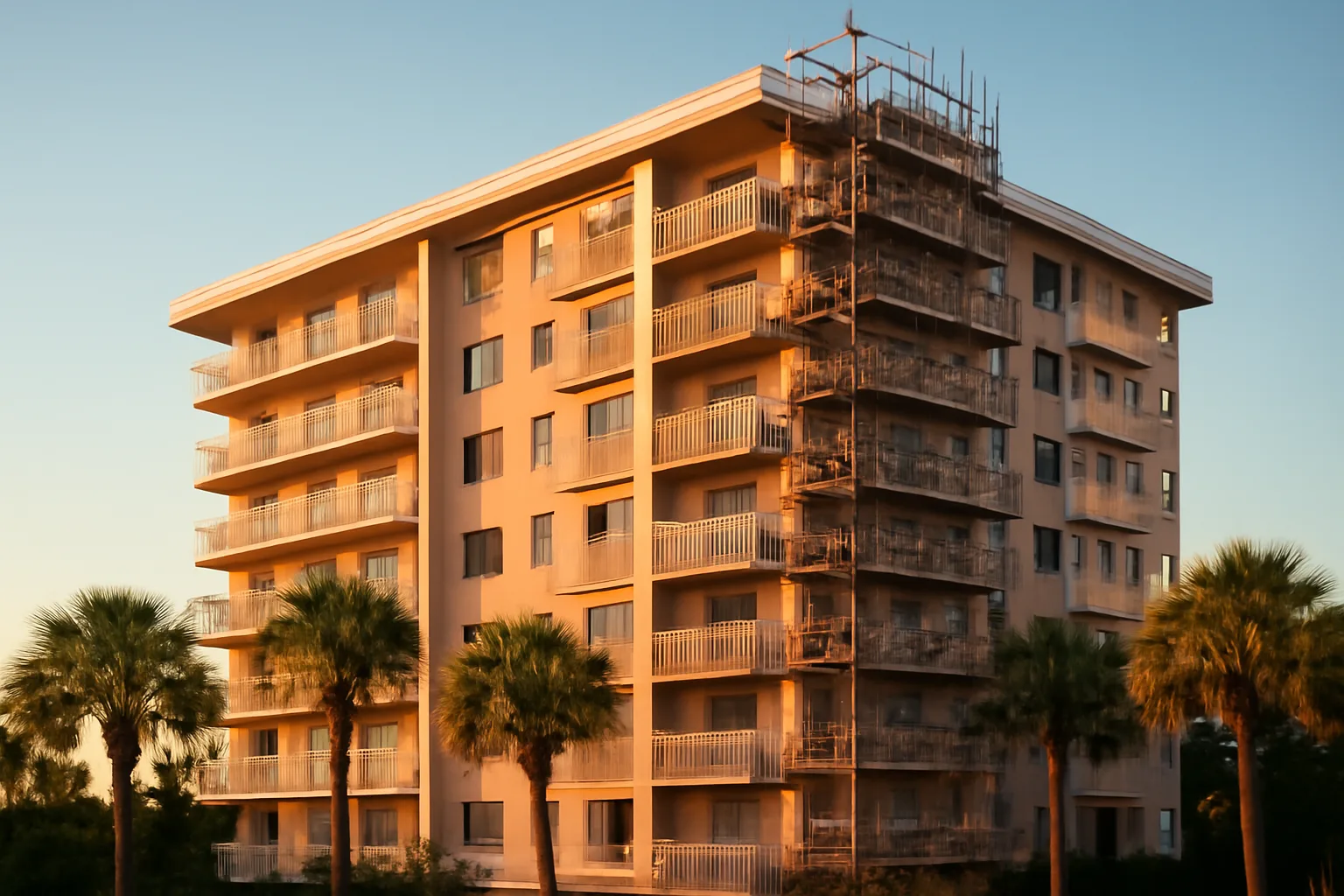 Florida condo building under repair scaffolding, illustrating costs behind a special assessment