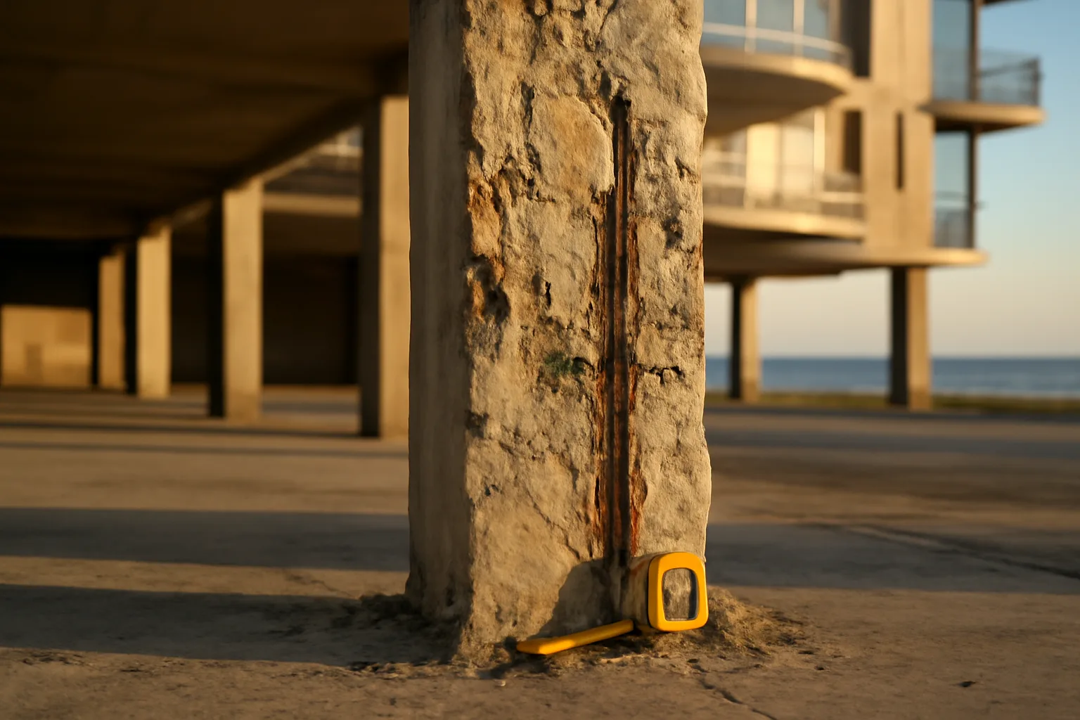 Engineer inspecting a concrete structural column at a coastal Florida condo building
