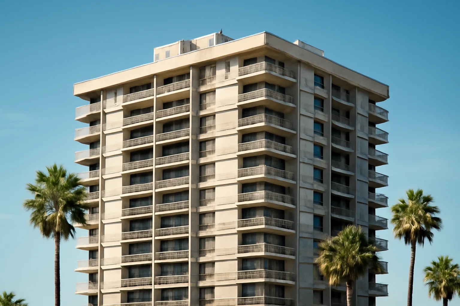 Mid-rise condo building exterior showing structure and roof under clear sky