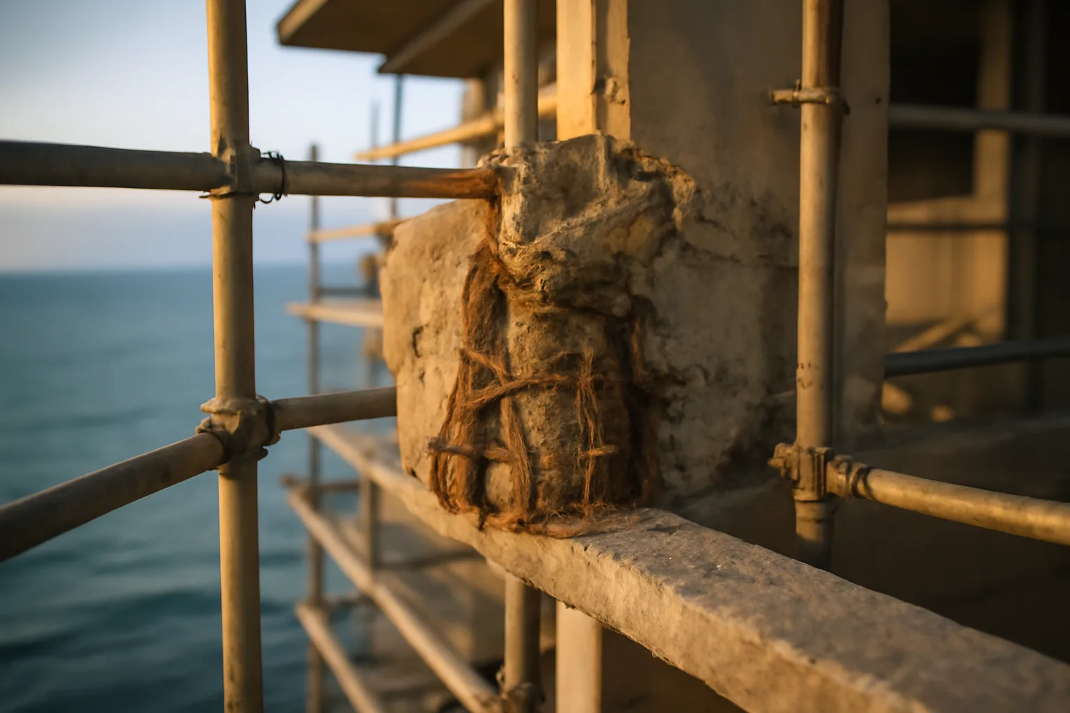 Weathered concrete balcony structure on a Broward coastal condo tower undergoing structural repair