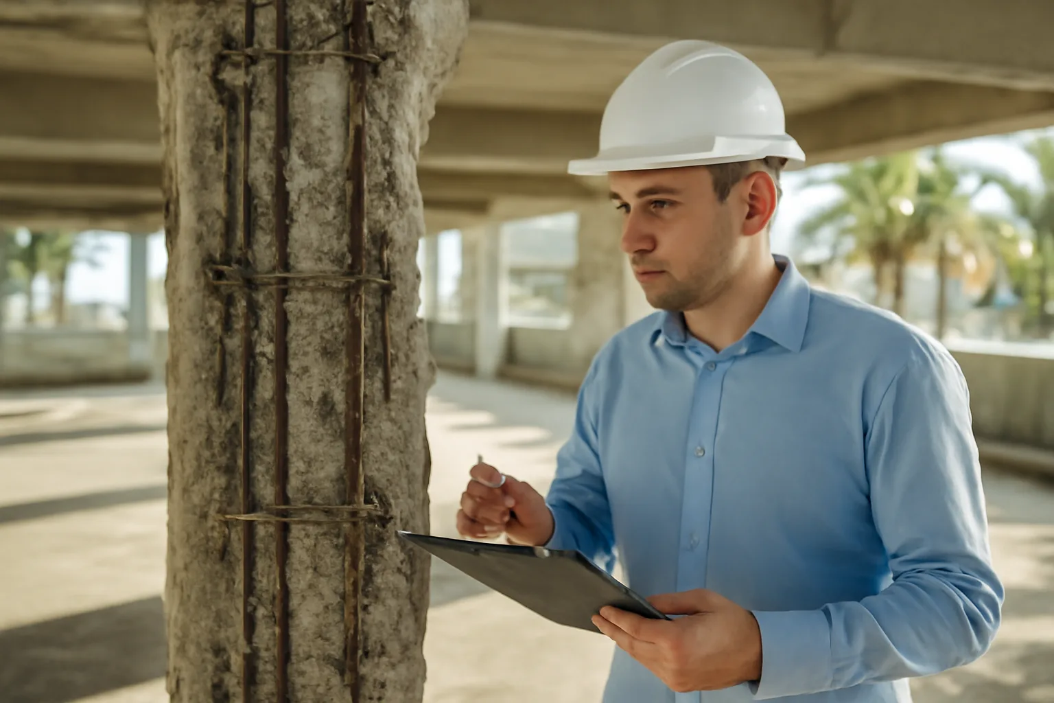 Engineer inspecting a condo parking garage structural column during a reserve study