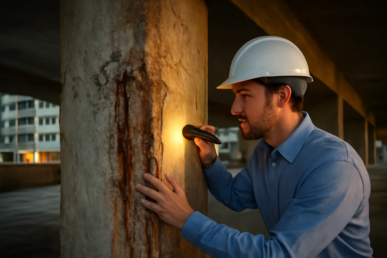 Engineer inspecting concrete column under Florida condo building for structural integrity reserve study