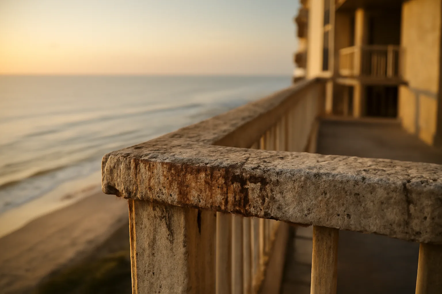 Salt-corroded concrete balcony on a Hollywood Florida beachfront condo building