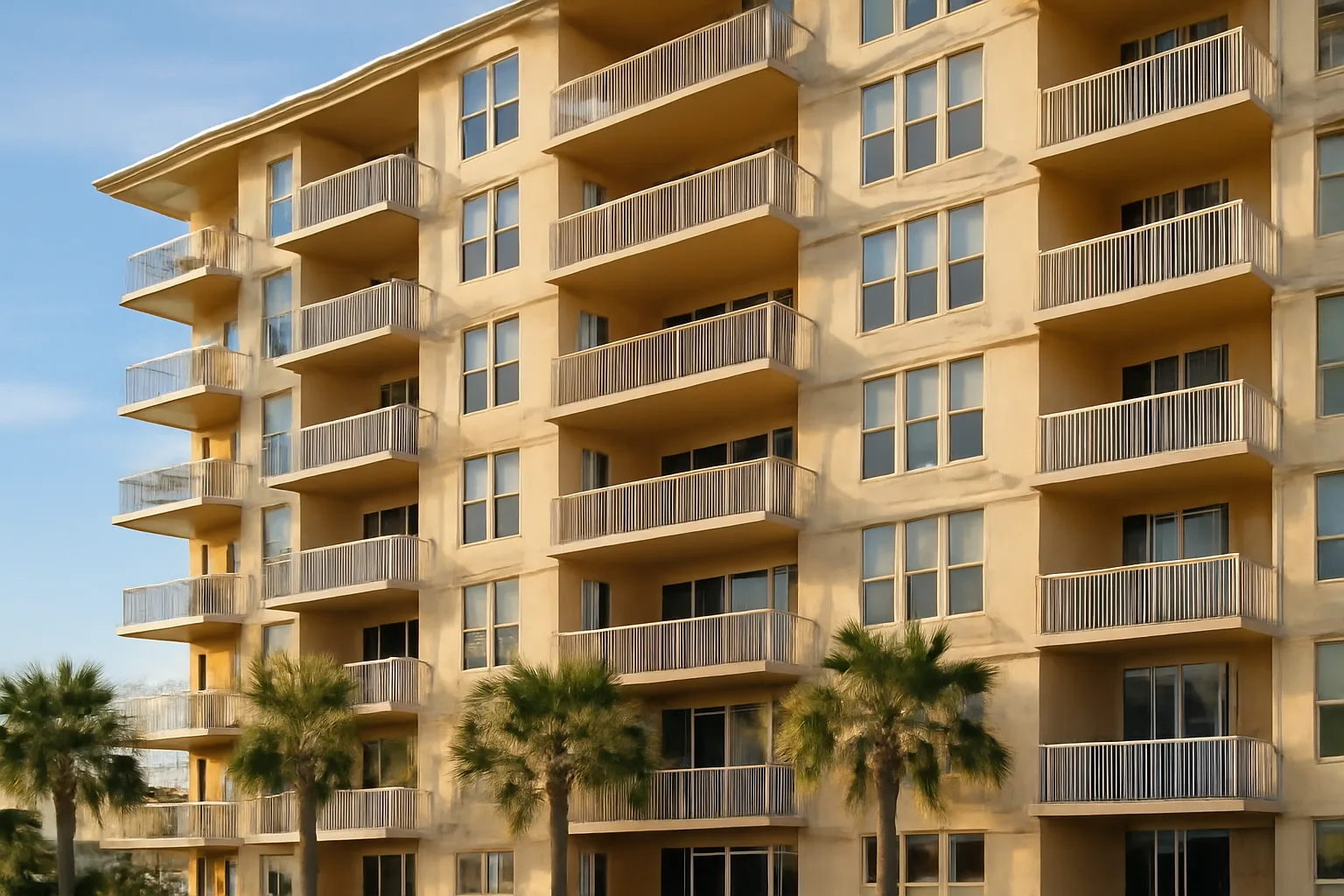 Multi-story Florida condominium building exterior with balconies and windows for structural integrity reserve study