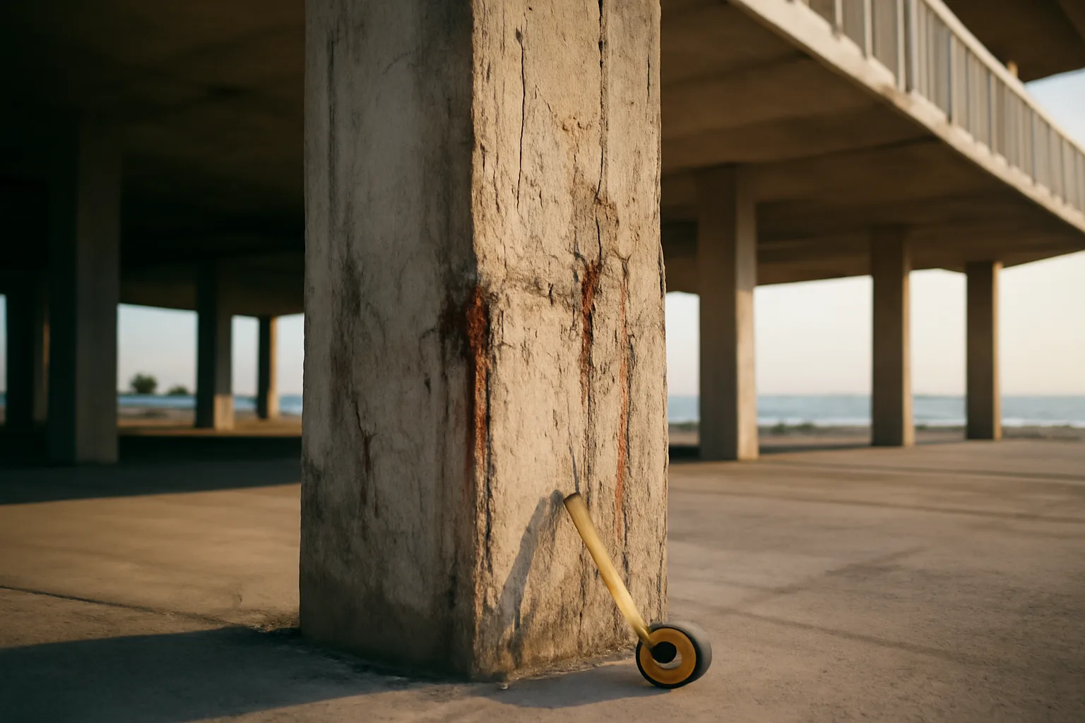 Engineer inspecting a concrete support column at a coastal Florida condo building