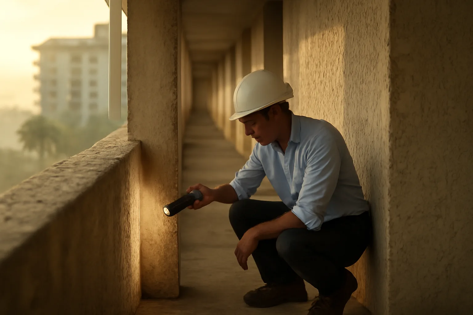 Engineer inspecting concrete balcony structure during a structural integrity reserve study in Tampa