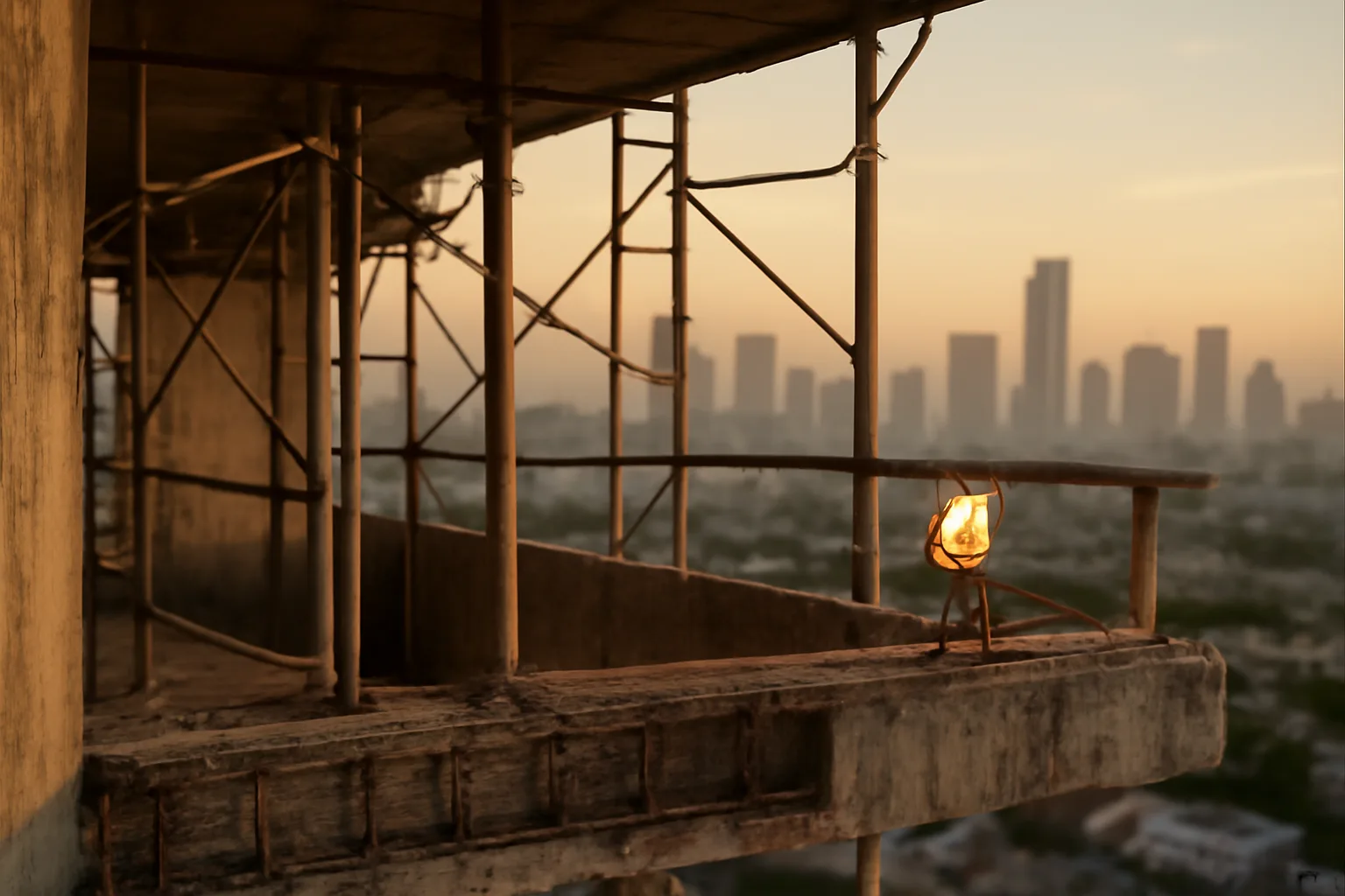 Miami condo building balcony under structural repair scaffolding at sunset