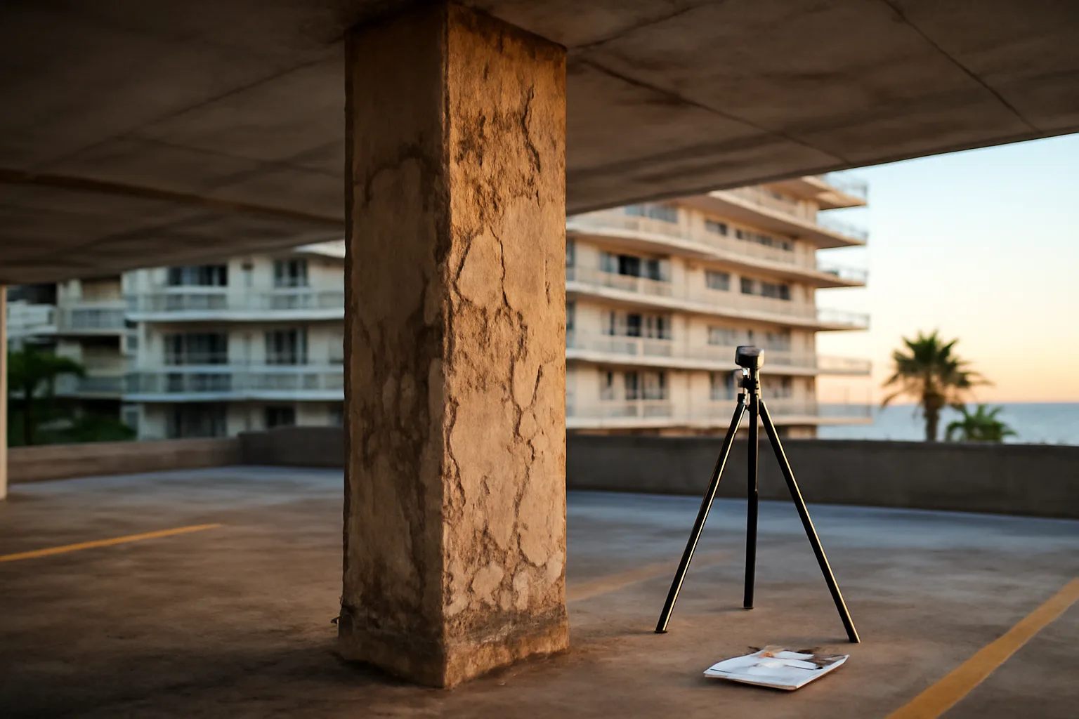 Engineer inspecting a concrete column beneath a Miami condo tower for a reserve study
