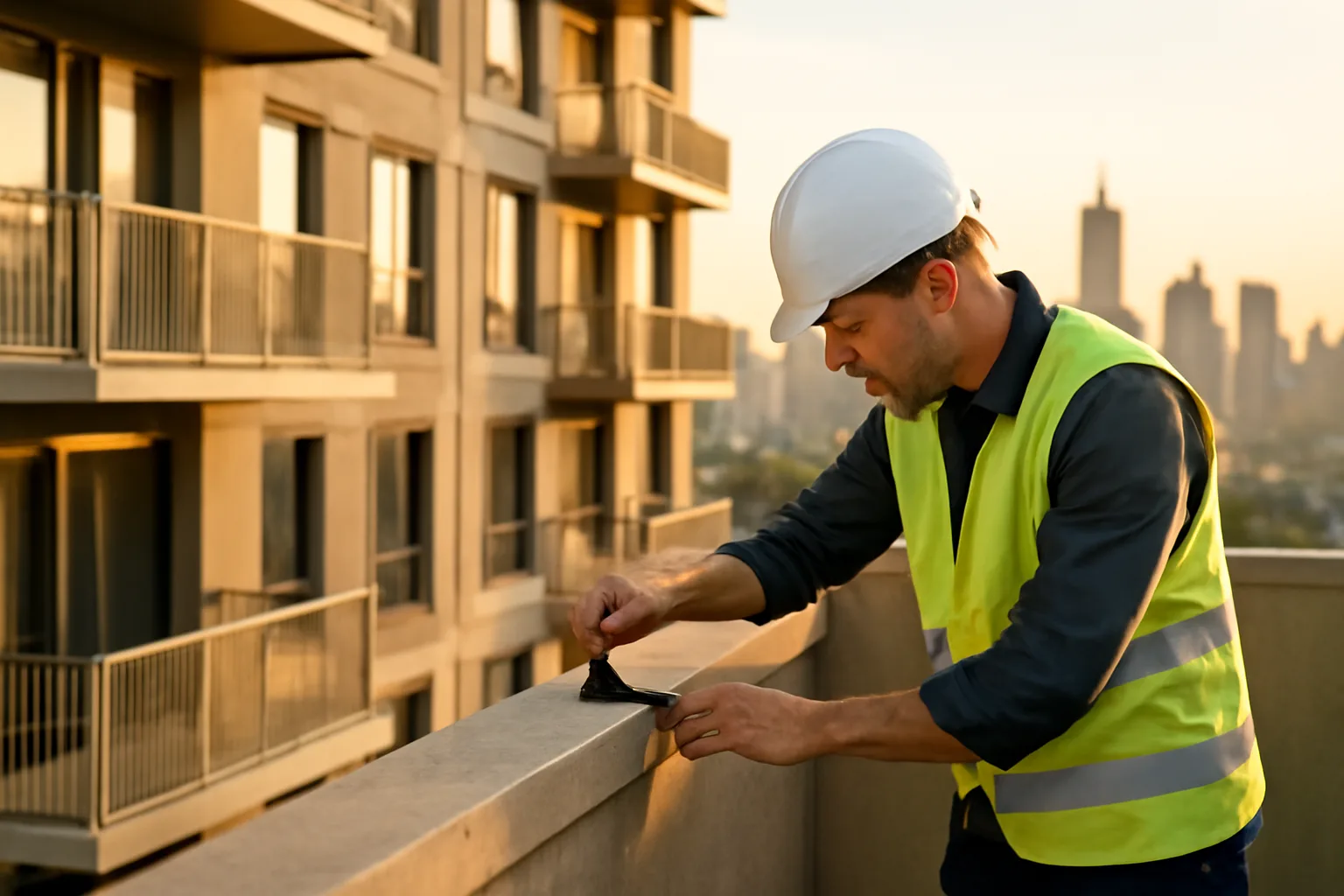 Engineer inspecting a condo building balcony structure during a reserve fund and structural study