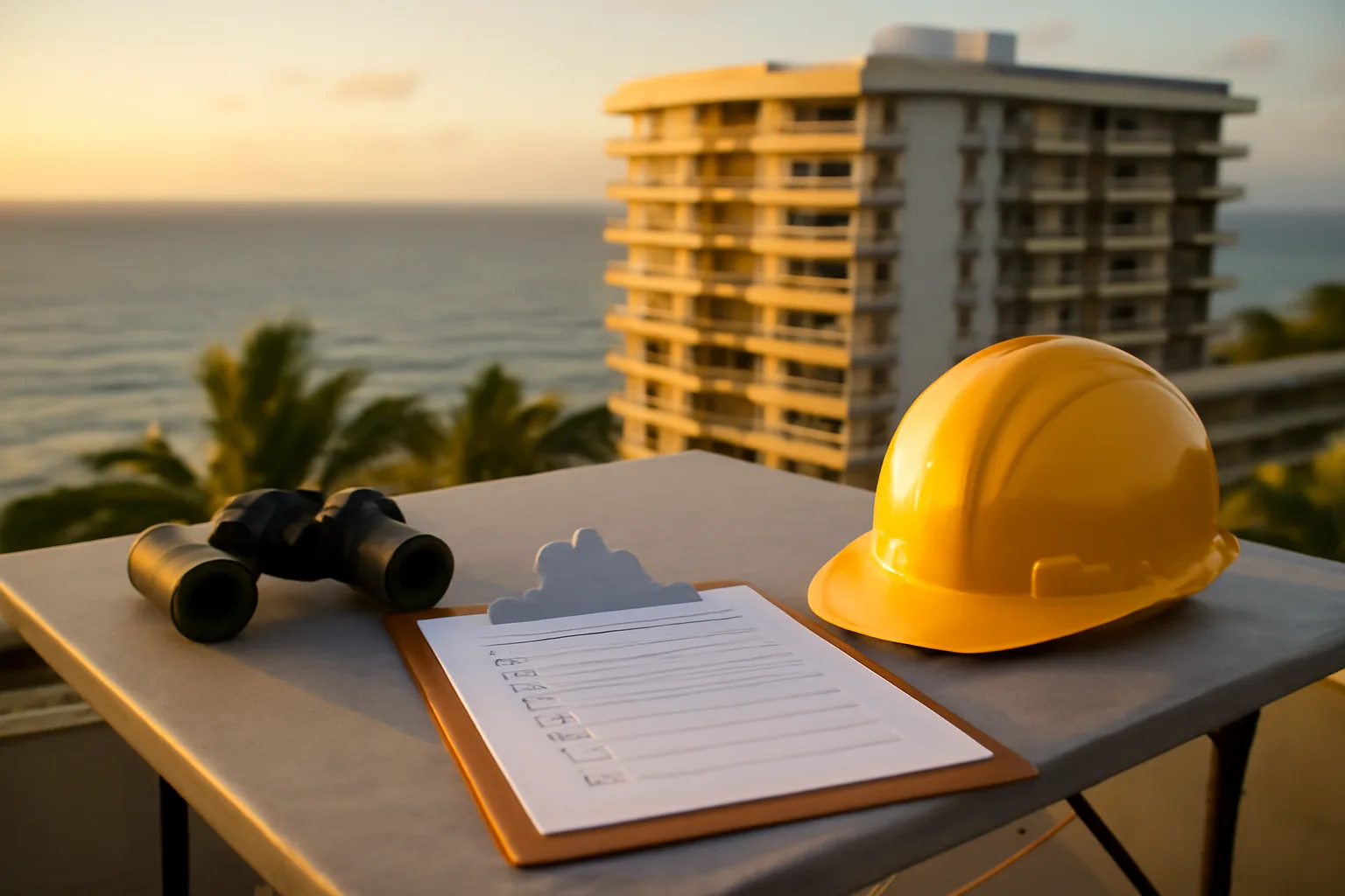 Inspector's clipboard and hard hat on rooftop overlooking a coastal Florida condo building