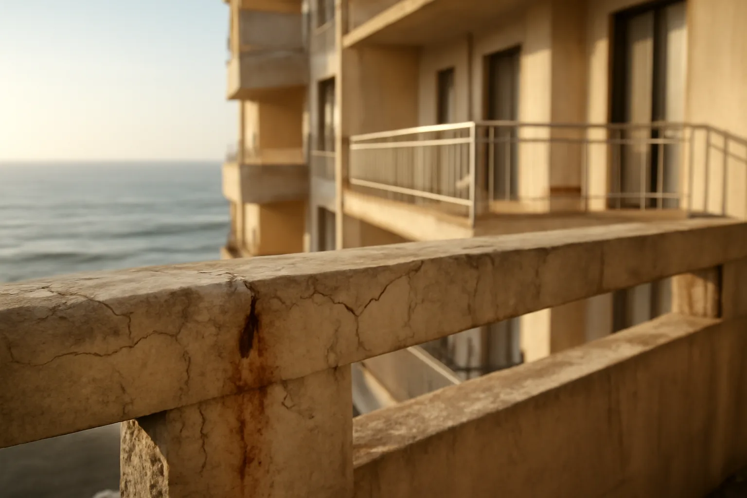Weathered concrete balcony showing structural deterioration on a Florida coastal condo building