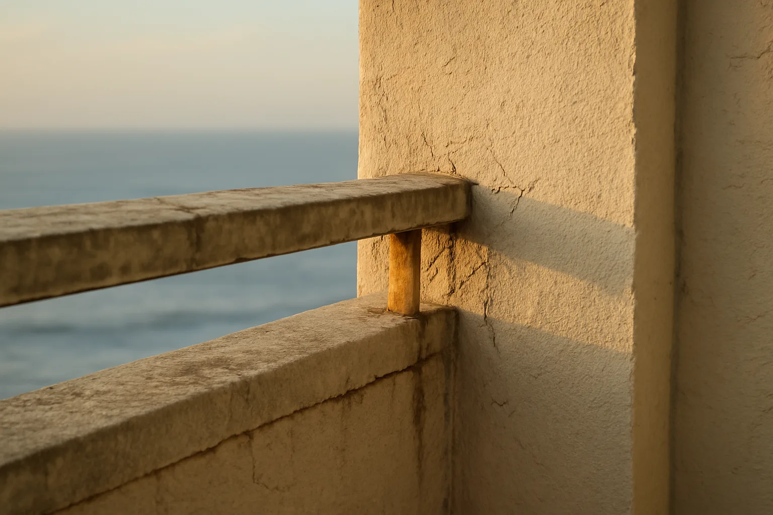 Aging concrete balcony and stucco wall on a Florida condo building showing structural wear