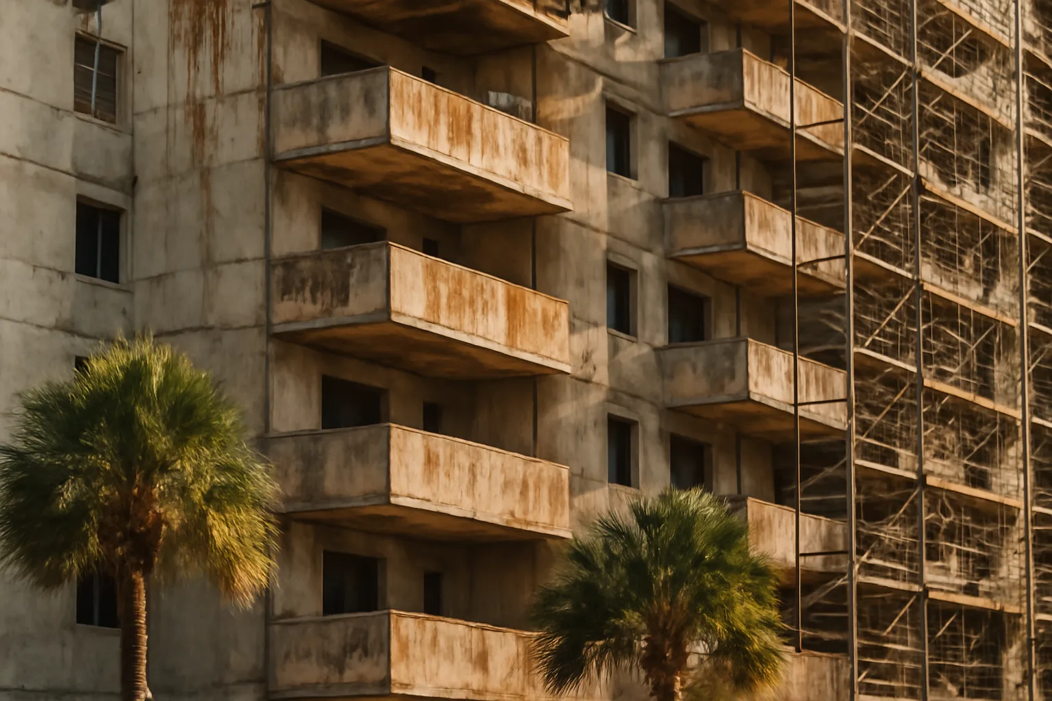 Condo building with deteriorating balconies and scaffolding, illustrating capital repair needs