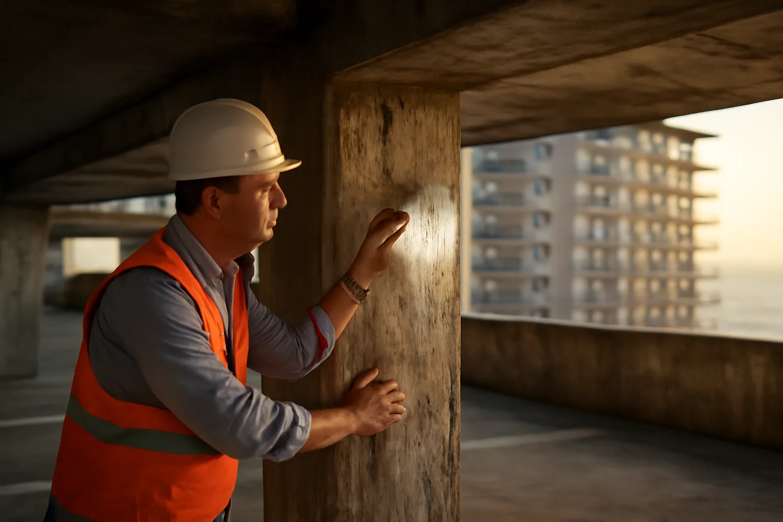 Engineer inspecting a concrete support column beneath a coastal Florida condo building