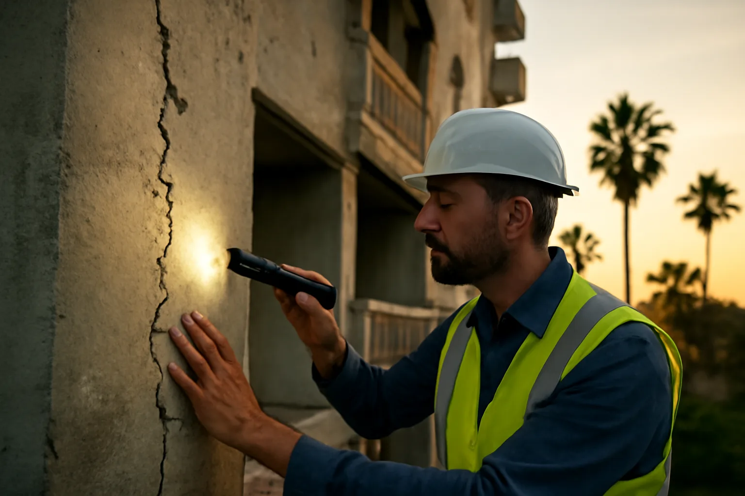 Engineer inspecting a Florida condo building exterior during a reserve study assessment