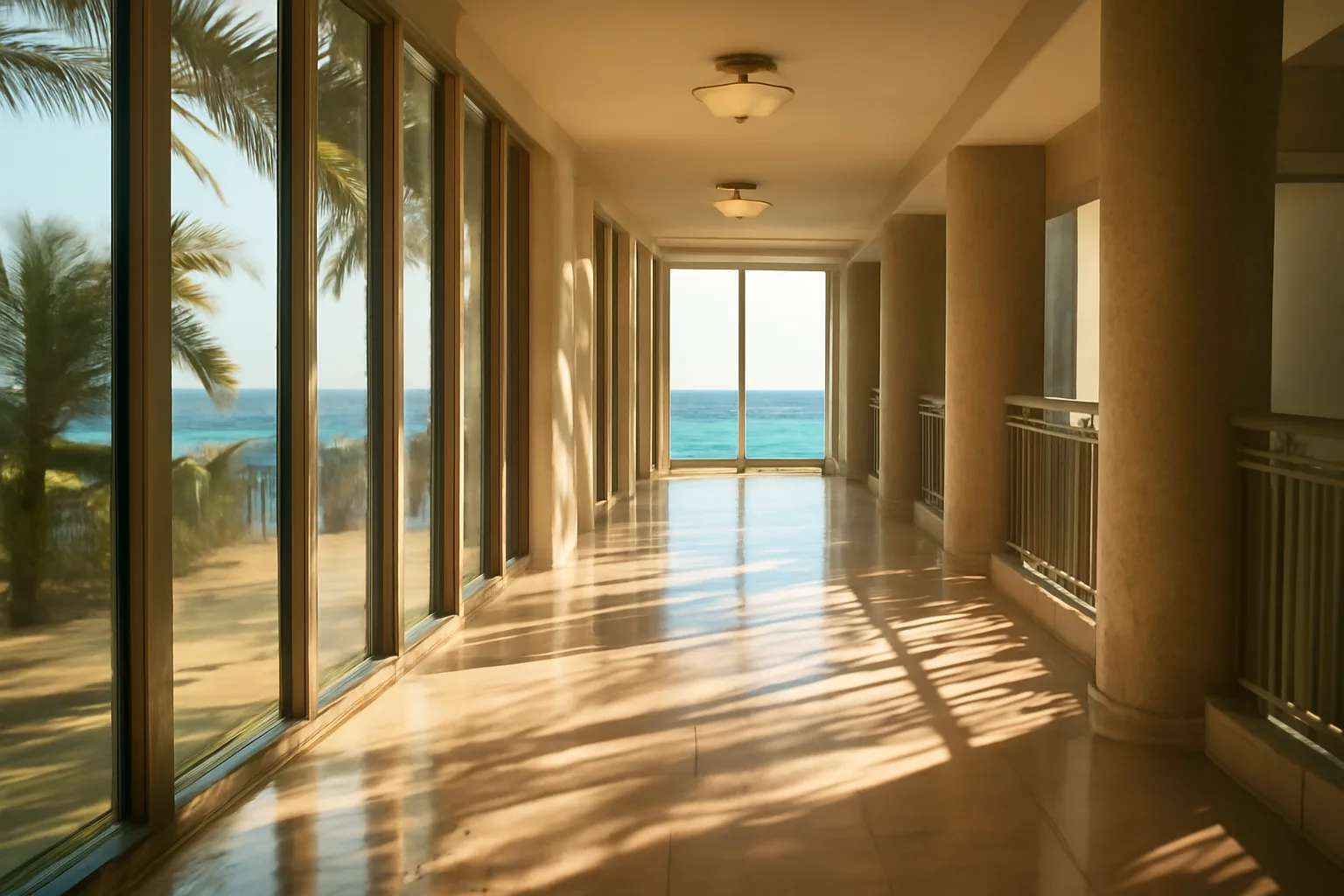 Sunlit Florida condo common area hallway with ocean view and architectural details
