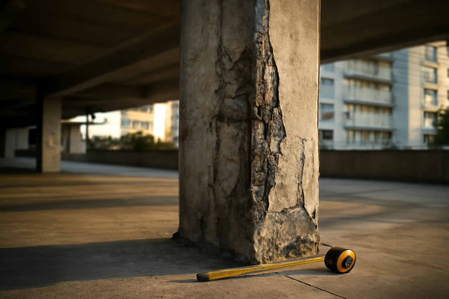 Concrete column with exposed rebar under a Florida condo building, illustrating special assessment repair costs