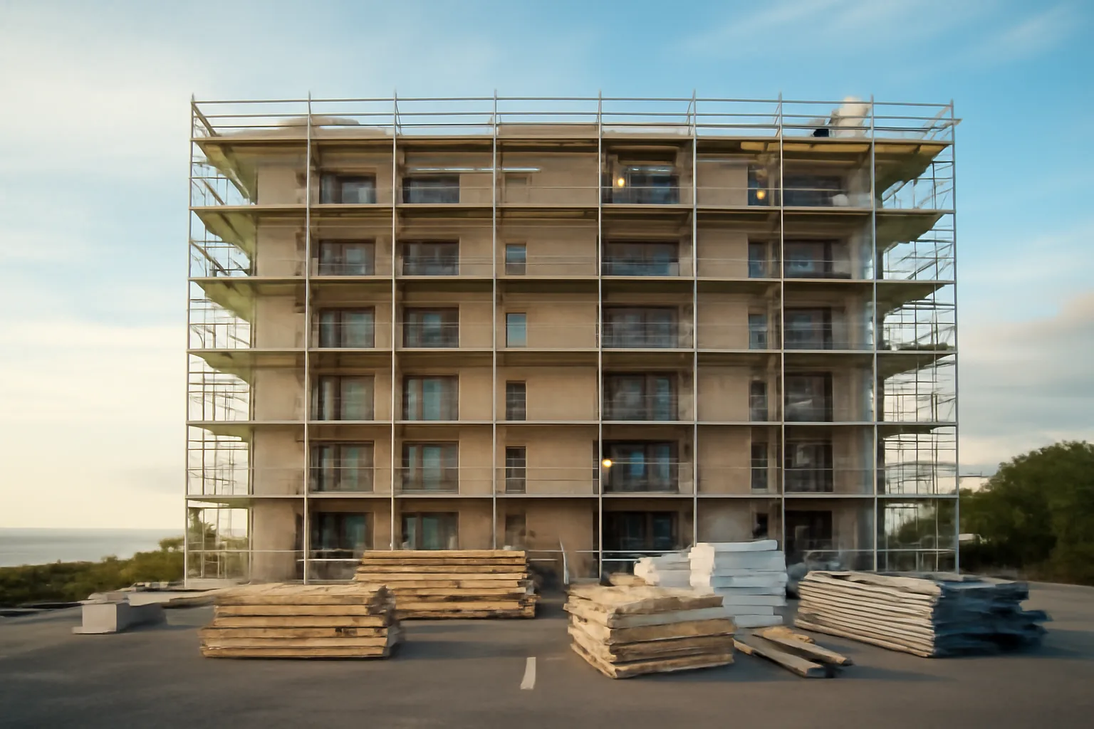 Mid-rise condo building under repair with scaffolding and construction materials in parking lot