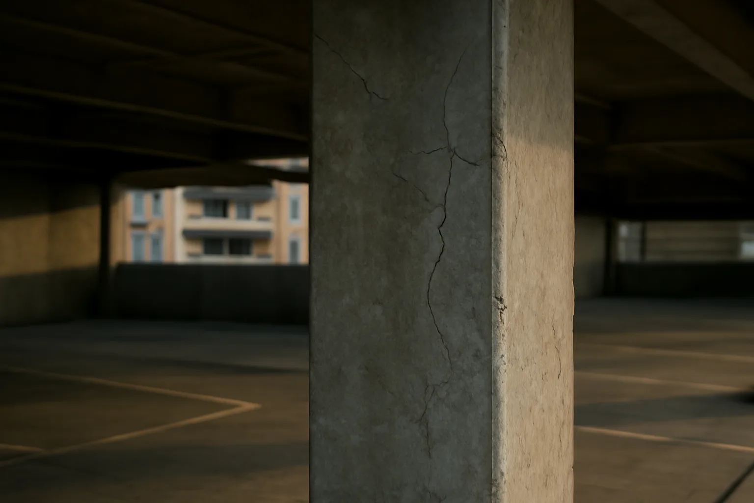 Concrete support column showing wear under a Florida condo building at dusk