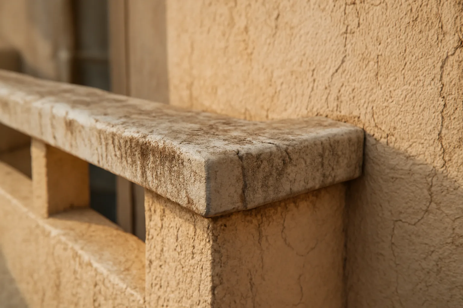 Close-up of a cracked, salt-stained condo balcony wall illustrating HOA assessment repair needs