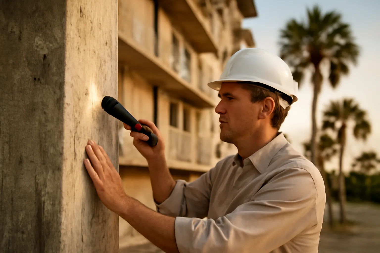 Engineer inspecting a Florida condo support column during a structural assessment
