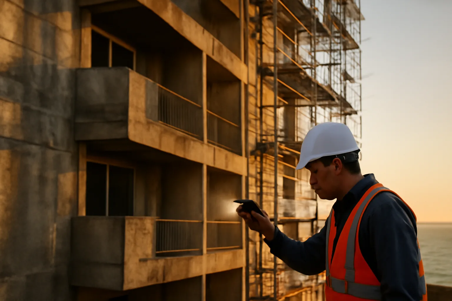 Engineer inspecting a concrete condo building column near the coast