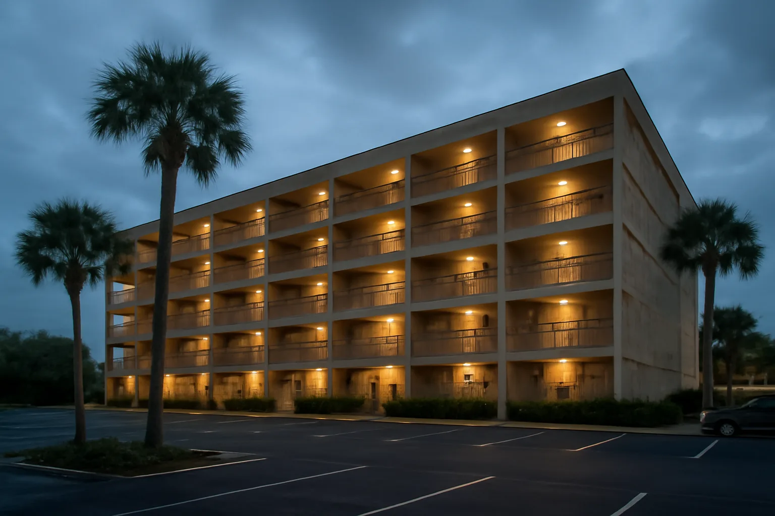 Multi-story Florida condominium building exterior at dusk with parking lot