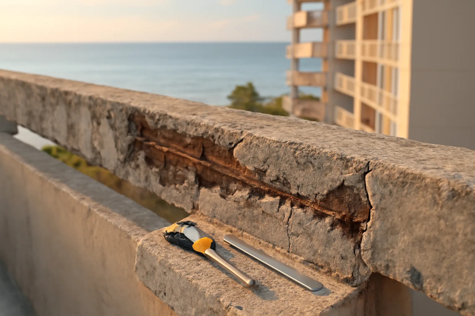 Coastal Florida condo balcony showing structural wear inspected for a reserve study
