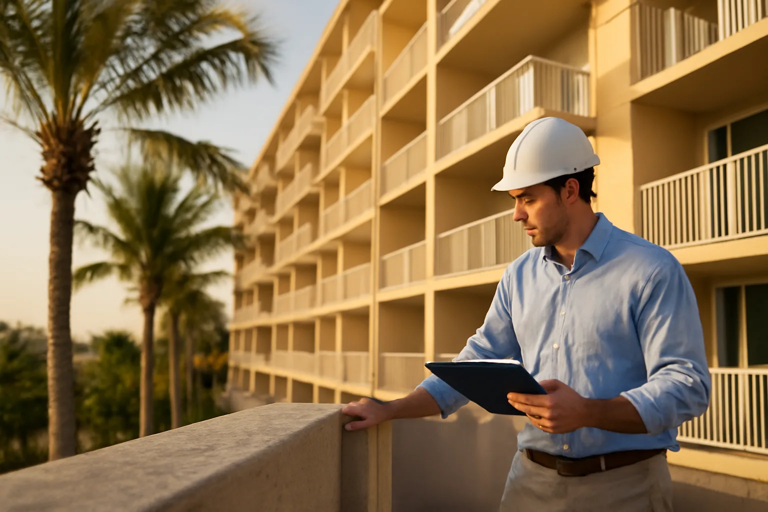 Engineer inspecting a Florida condo balcony as part of structural integrity reserve study requirements