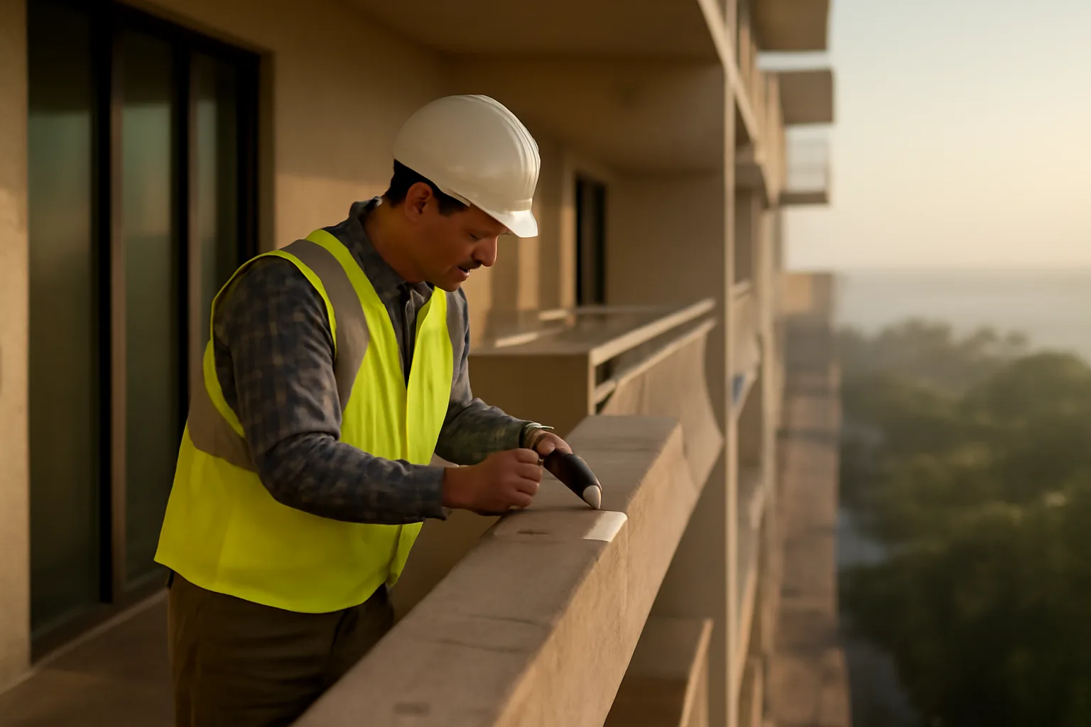 Engineer inspecting concrete balcony on Florida condo building during structural review
