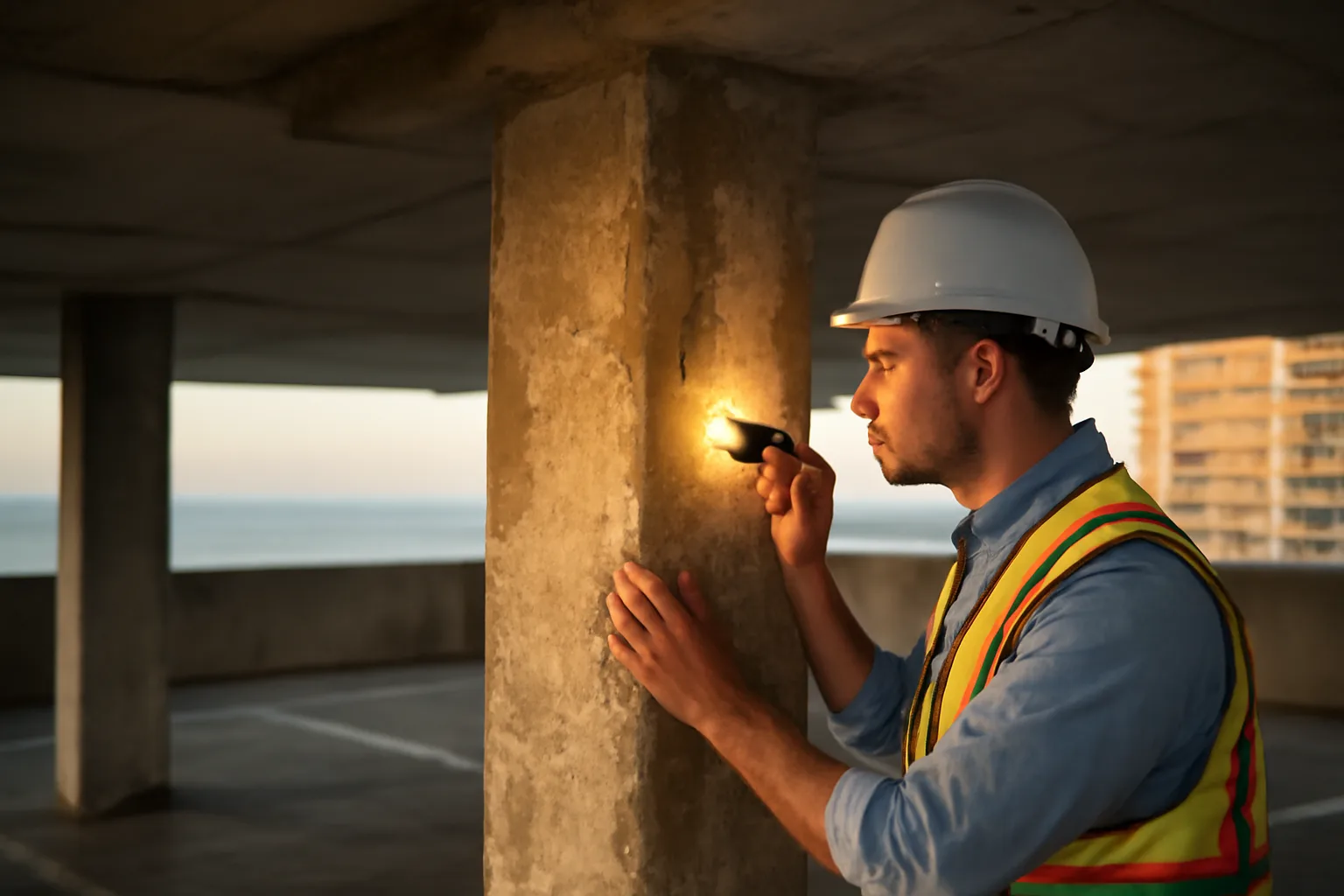 Engineer inspecting a concrete support column under a Florida condo tower for SIRS compliance