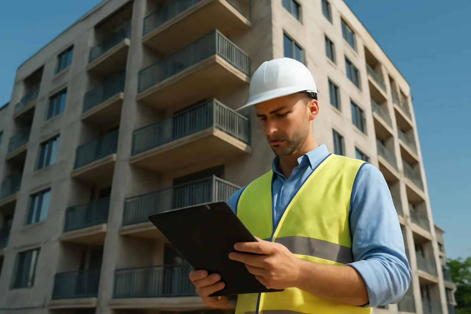 Engineer reviewing structural inspection notes outside Florida condominium building for SIRS compliance