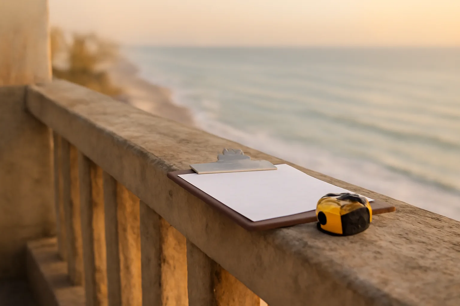 Engineer's inspection tools resting on a coastal condo balcony during a structural review