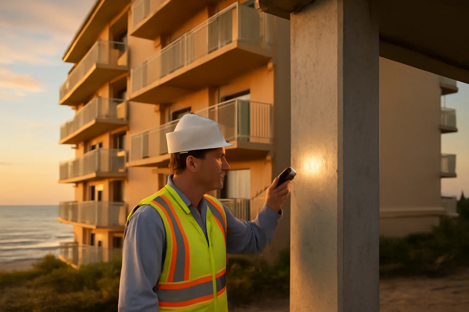 Engineer inspecting concrete support column at a Florida condo building during SIRS reporting review