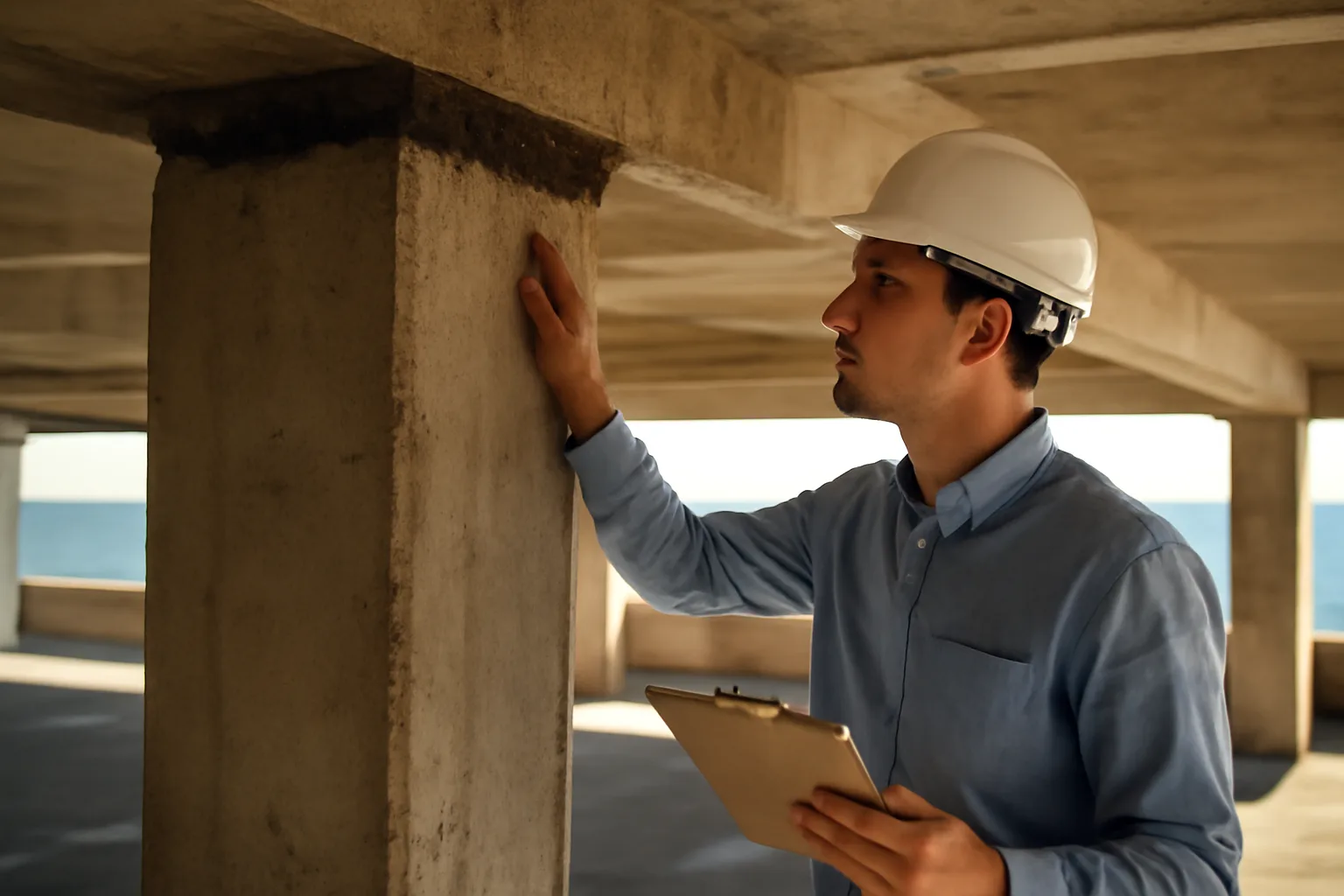 Engineer inspecting concrete structural column beneath a coastal condo building for a SIRS