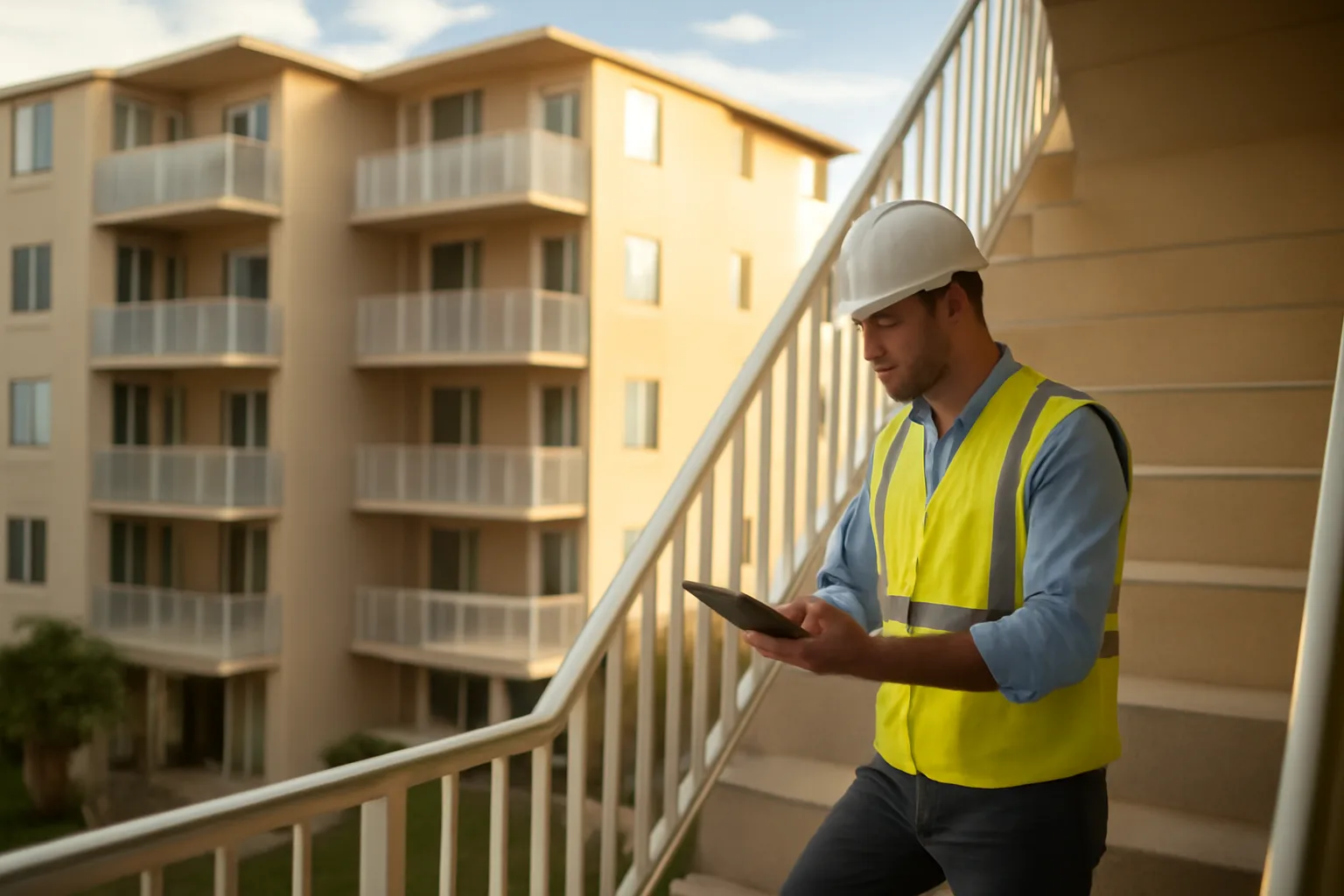 Engineer inspecting a Florida coastal condo building exterior for a SIRS study
