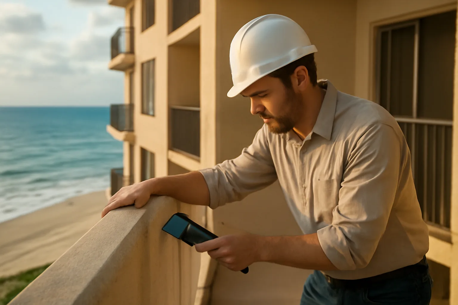 Inspector examining concrete balcony during a structural integrity reserve study in coastal Florida