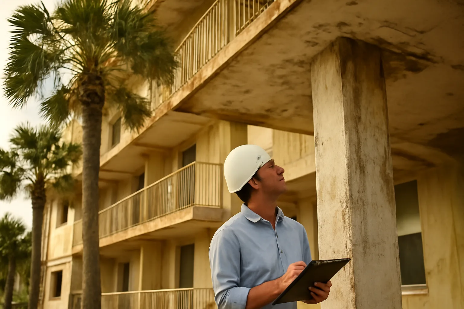 Engineer inspecting concrete support column at a coastal condo building for a structural integrity reserve study