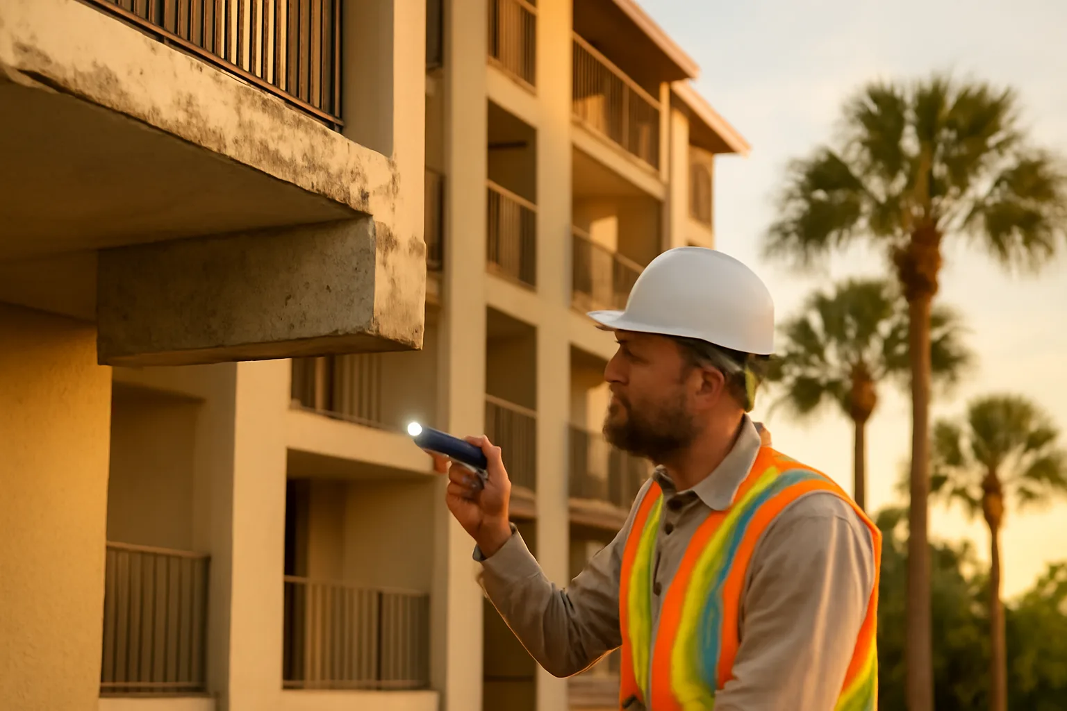 Inspector examining concrete balcony support on a Kissimmee-area condo building at dusk