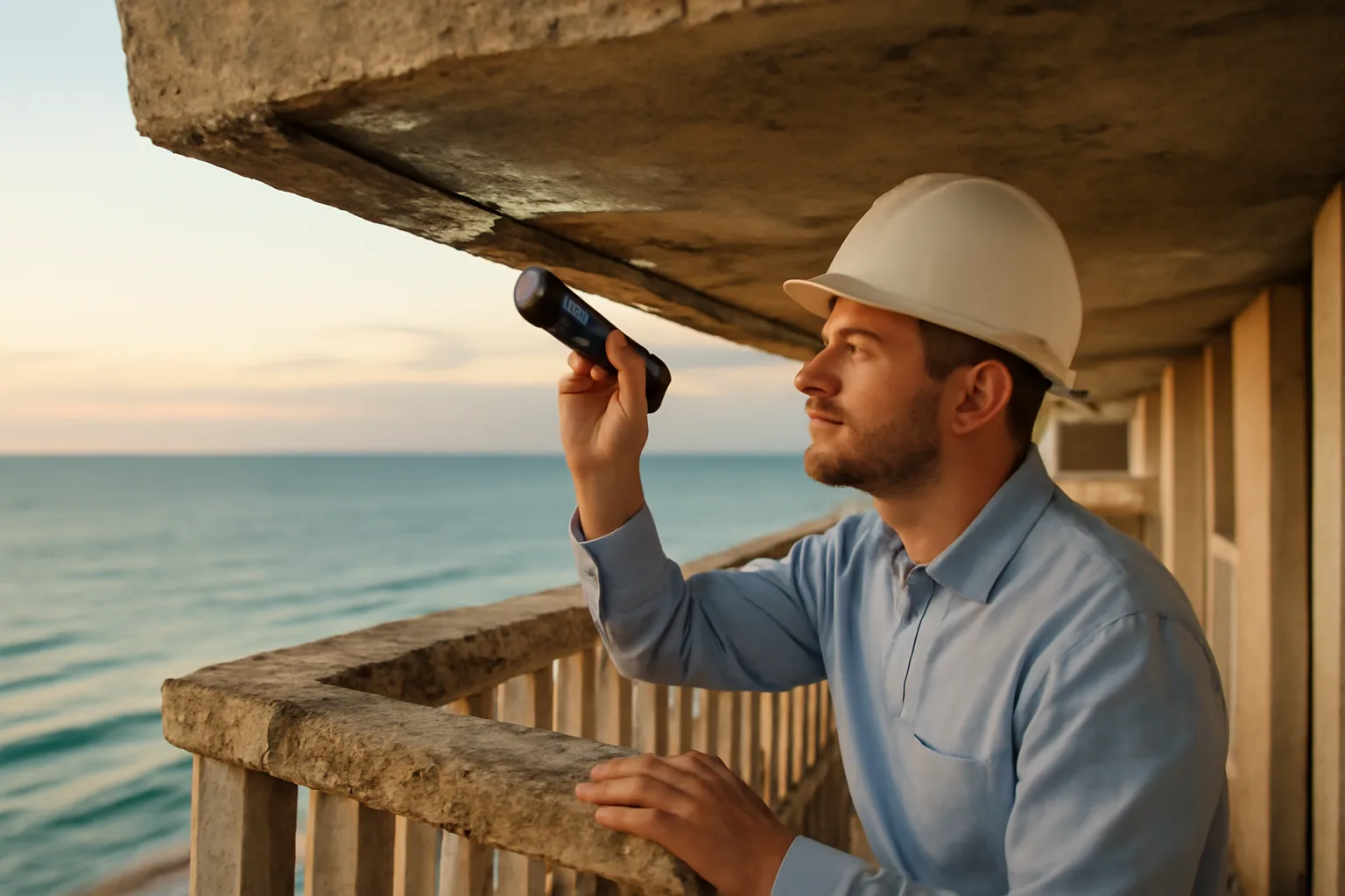 Engineer inspecting a coastal Florida condo balcony as part of a structural integrity reserve study