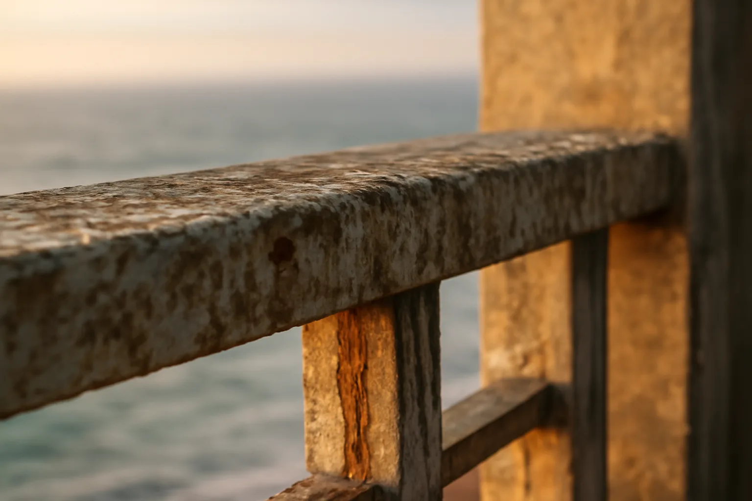 Corroded concrete balcony railing on a coastal condo tower, relevant to structural integrity reserve study inspections
