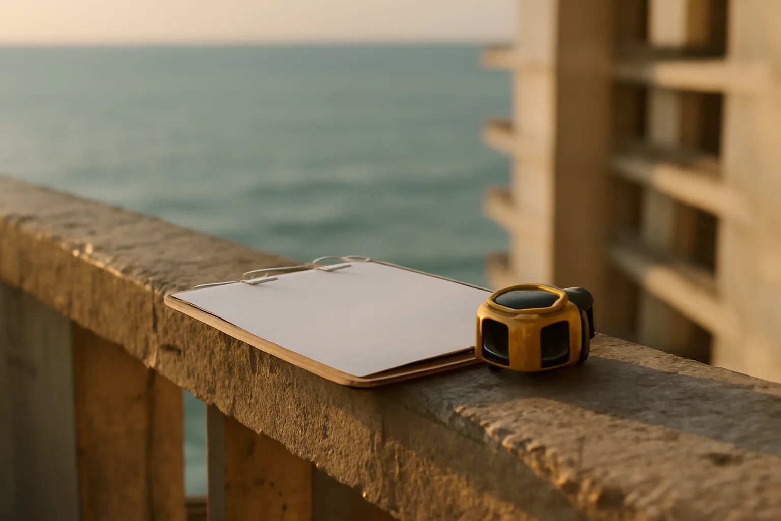 Engineer's inspection tools on a coastal Miami Beach condo balcony during a structural reserve study