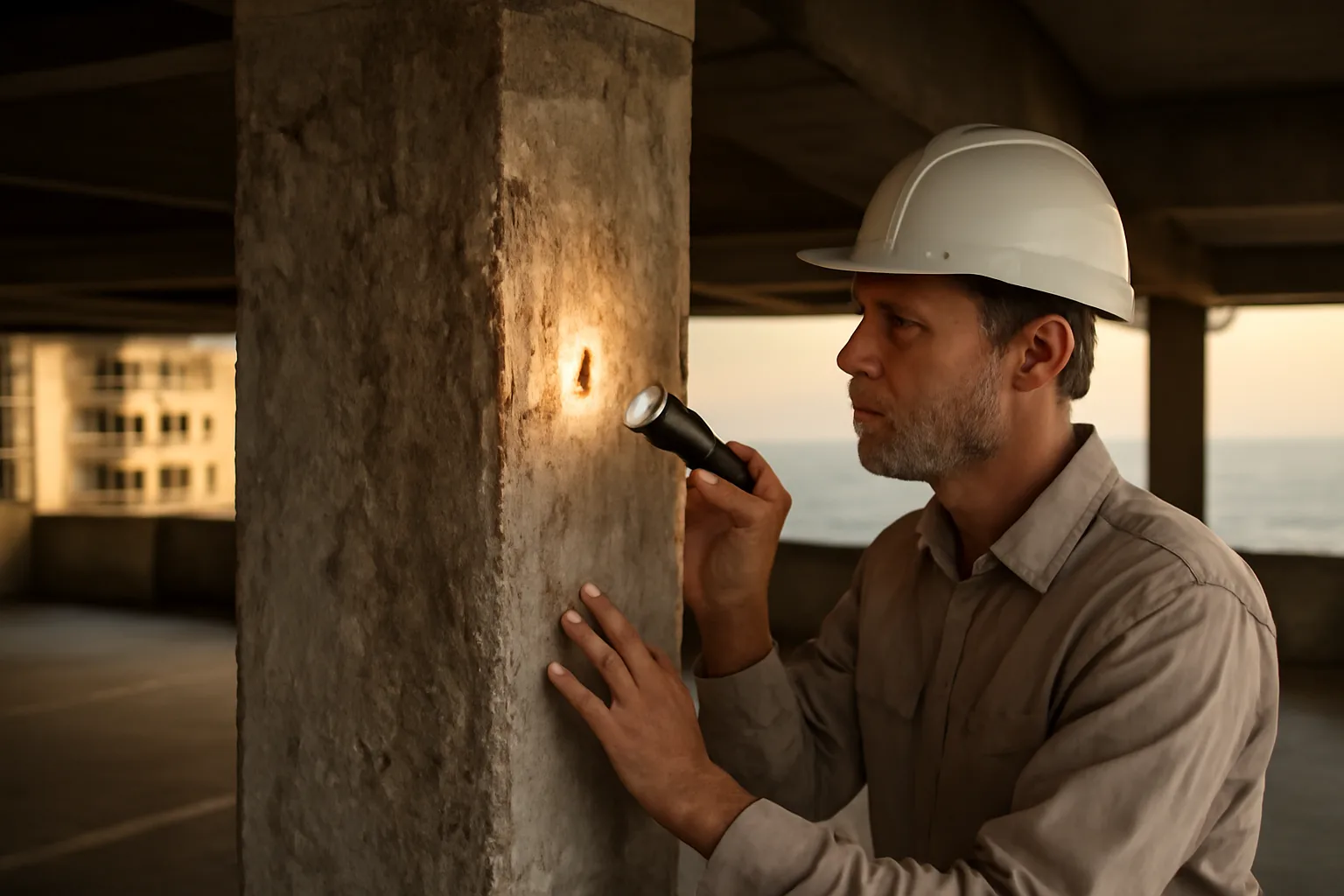 Engineer inspecting a concrete support column during a Florida condo structural integrity reserve study