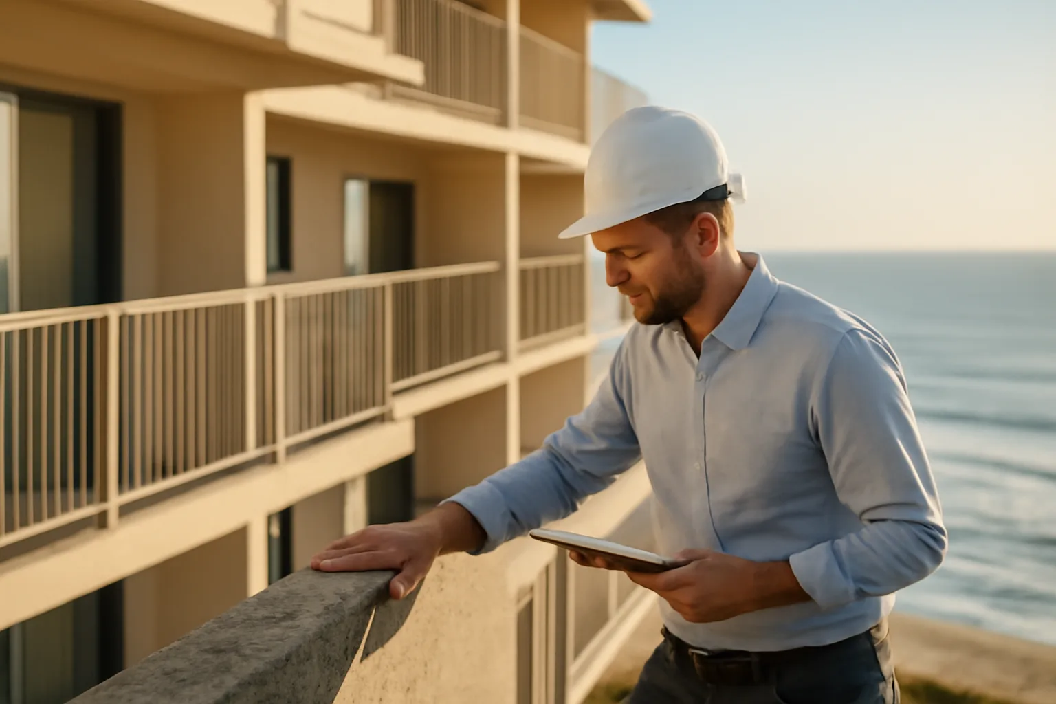 Engineer inspecting concrete balcony structure on coastal Florida condo building at sunrise
